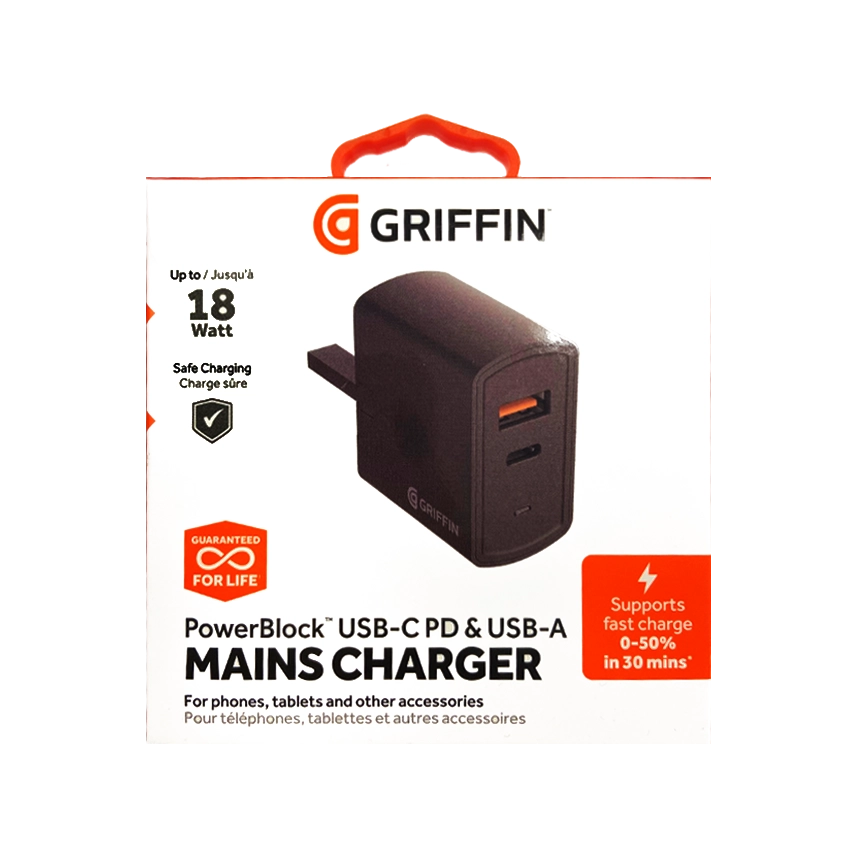 Cargador GRIFFIN Powerblock Doble USB-C 15W y USB-A 12W Reino Unido Negro